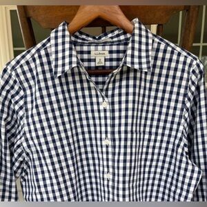 EUC LL Bean Navy White Gingham Wrinkle-Free Pinpoint Oxford Shirt 100% Cotton M